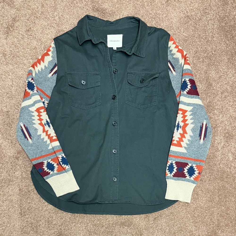 Thread & Supply Dark Gray/Green Shirt with Patterned Sleeves